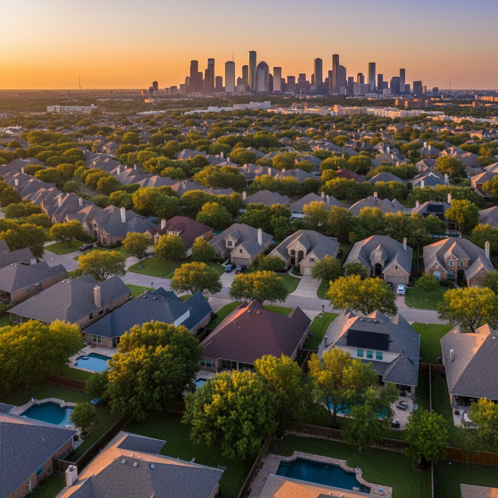 Houston residential rooftops aerial view at sunset